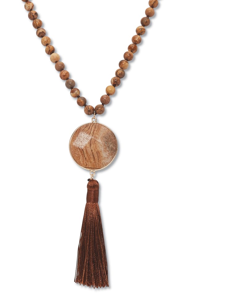 Front of a size 34 in Round Genuine Brown Jasper Goldtone Bezel Set Cabochon Beaded Necklace 34 Inch in Brown by PalmBeach Jewelry. | dia_product_style_image_id:333169